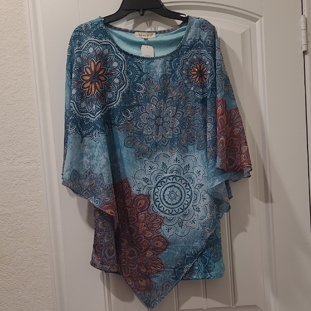 Indigo Soul Asymmetrical Blue and Red Tunic with 3/4 Sleeves